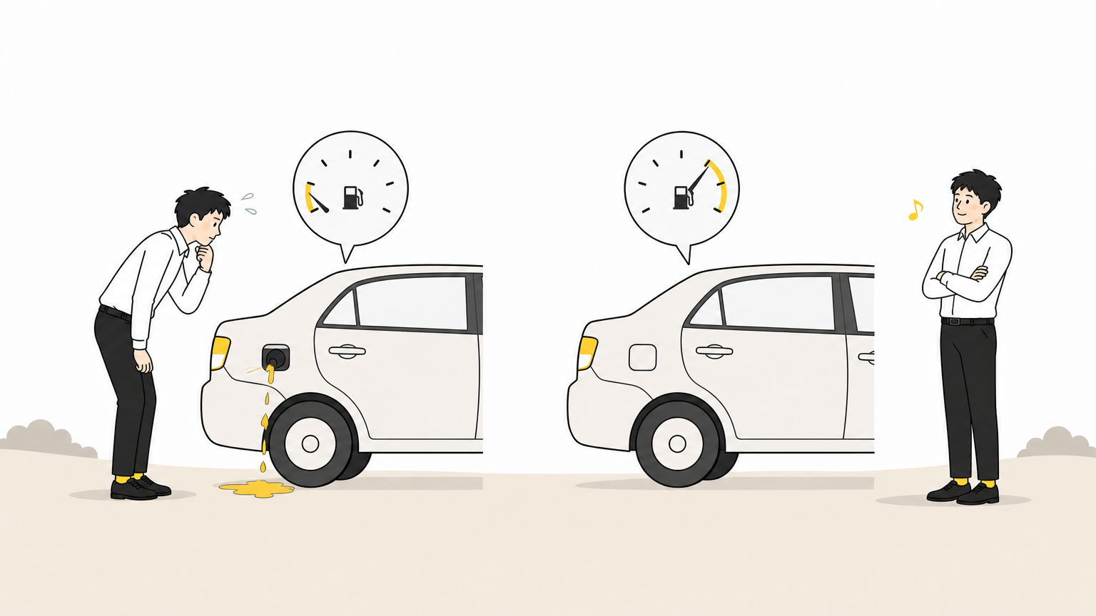 燃料が漏れてメーターがほぼ空の車と、漏れがなく燃料が半分以上残る車の比較イラスト