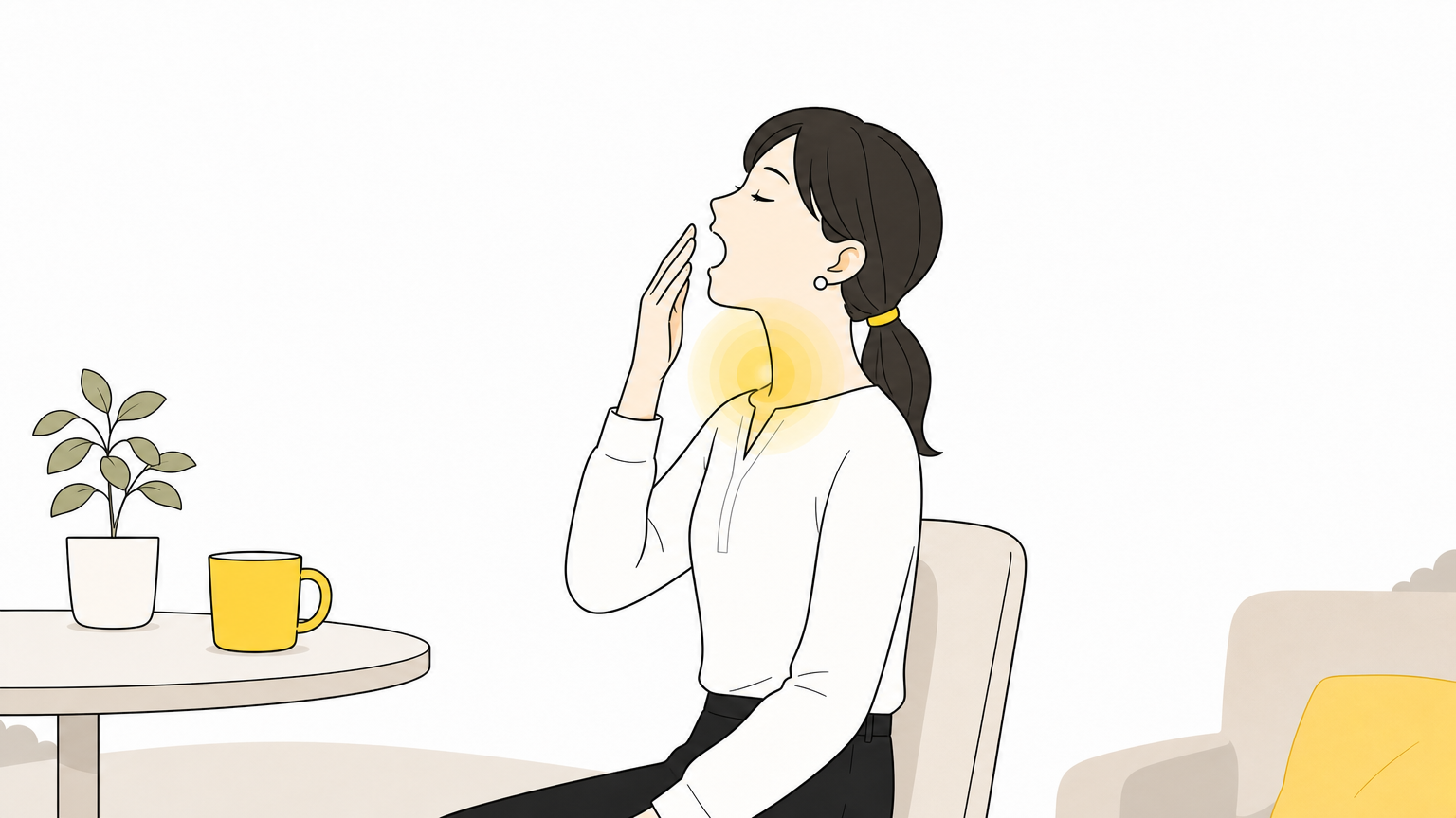 あくびをする人の横顔と、喉のあたりで空間が柔らかく開くイメージのイラスト