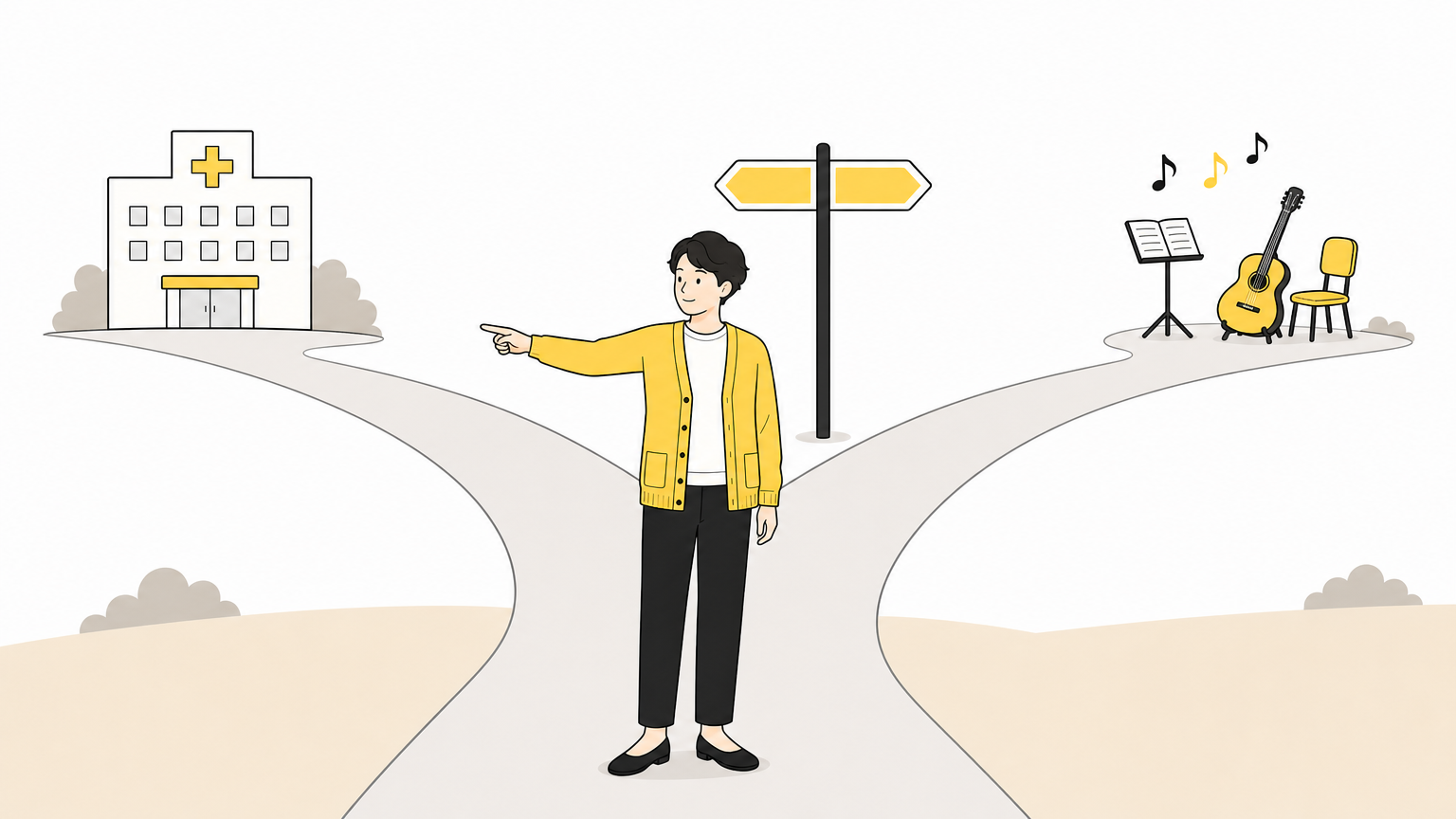 分かれ道で病院への道を先に指差す人と、受診と練習の順番を示す番号のイラスト