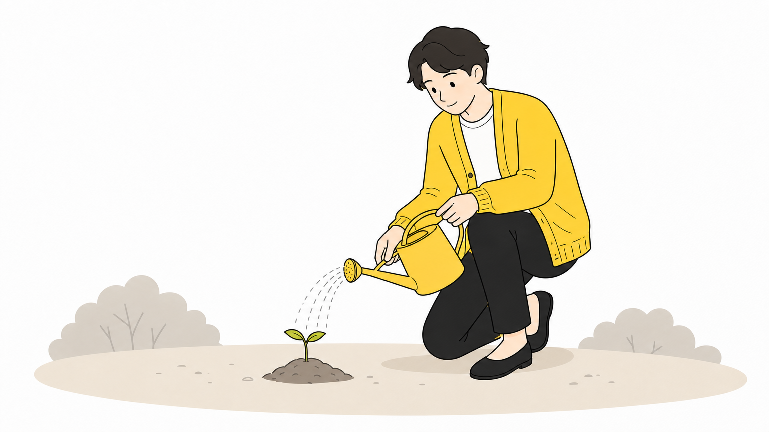 芽が出たばかりの小さな植物にじょうろで優しく水をやる人のイラスト