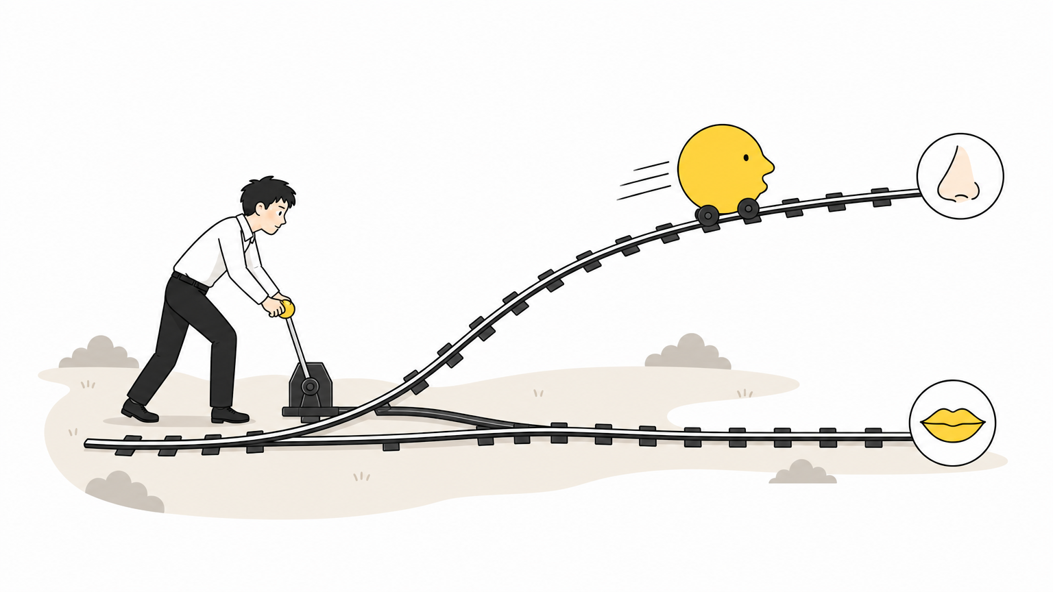 鼻ルートと口ルートに分かれる線路の分岐器で、声を表す列車が鼻ルートへ進むイラスト