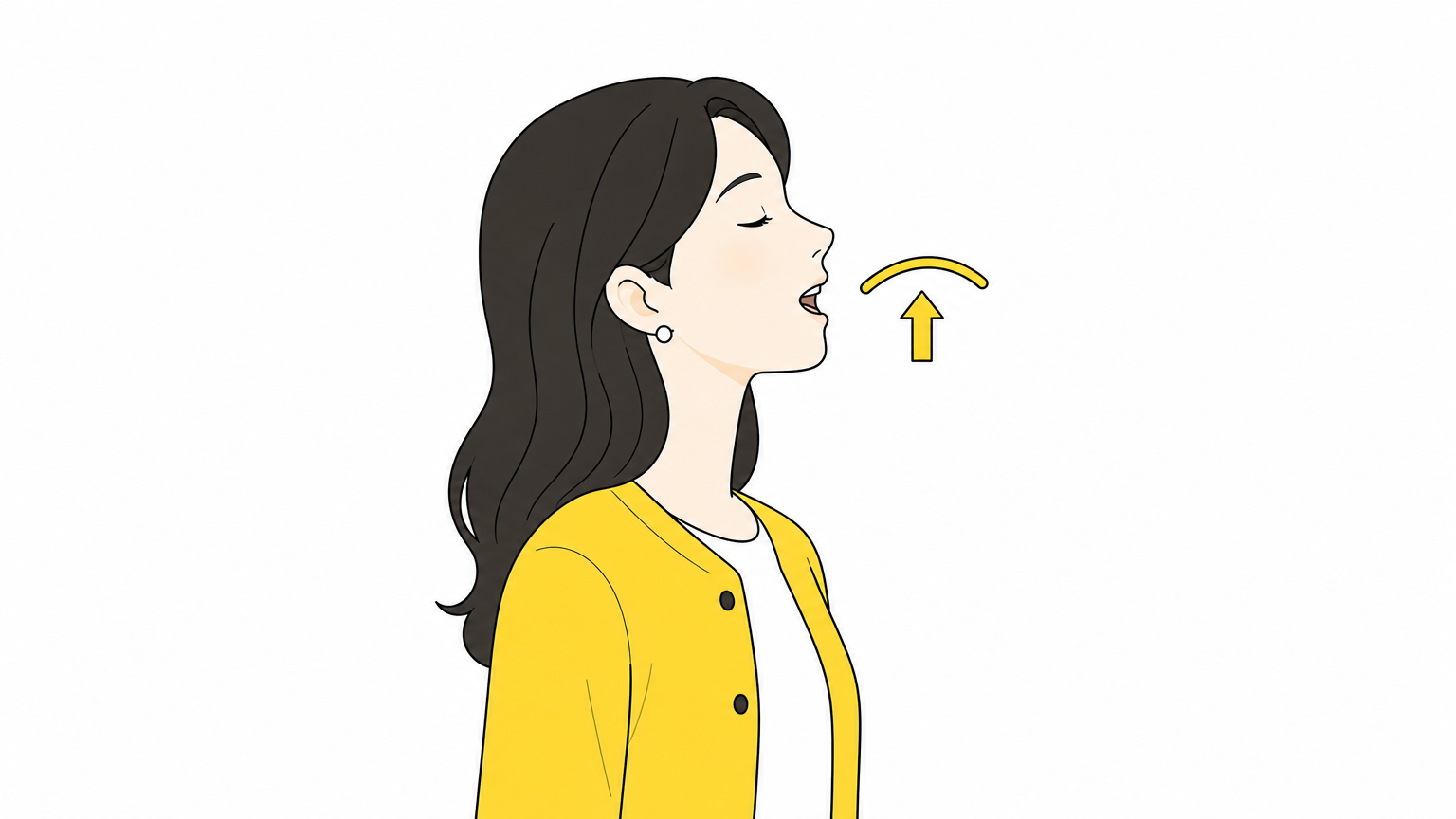 あくびの入り口のように口を軽く開けた横顔と、口の奥が上へ持ち上がるイメージのイラスト