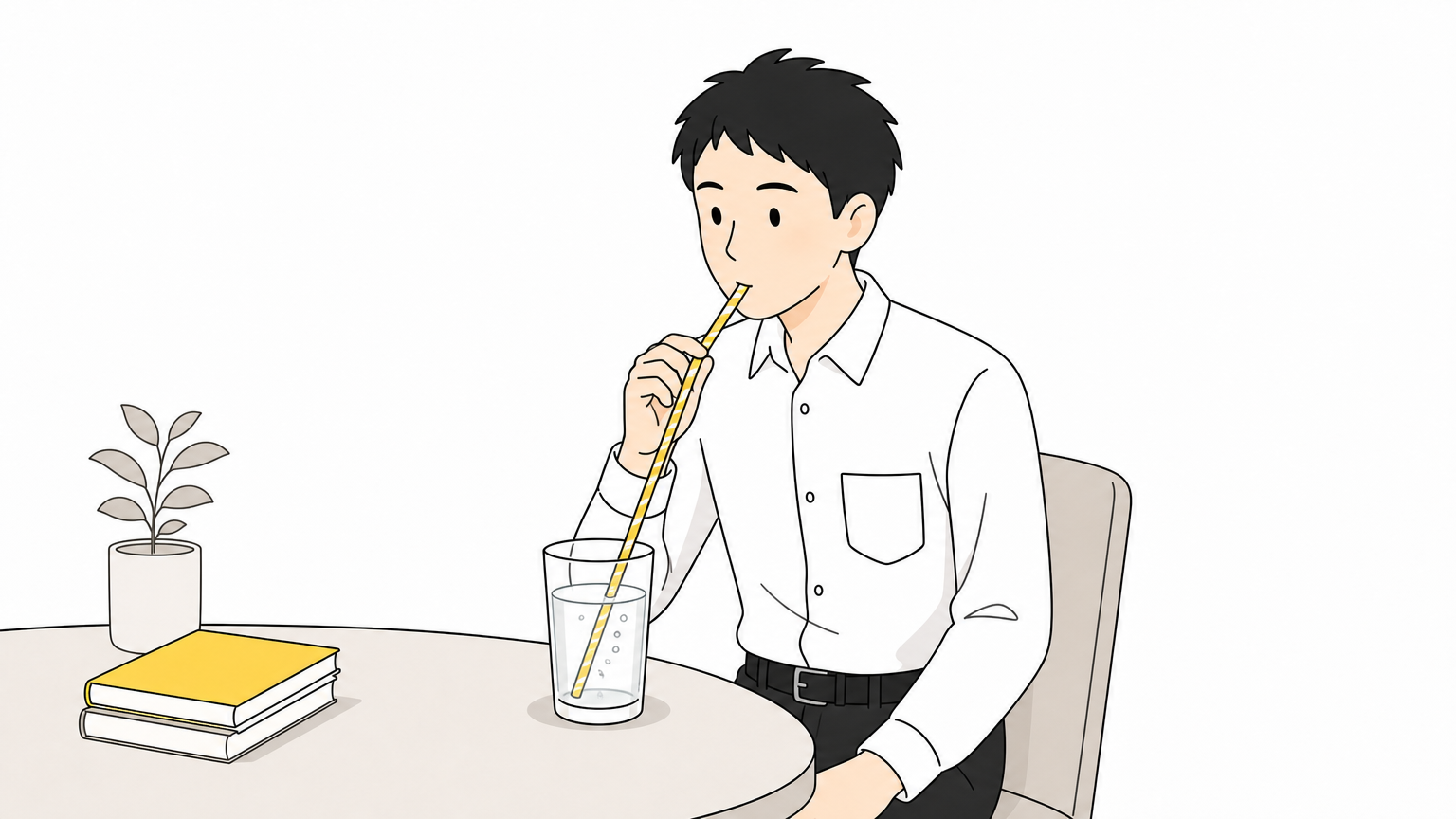 コップの水にさしたストローをくわえて、泡を立てながらストロー発声の練習をする人のイラスト