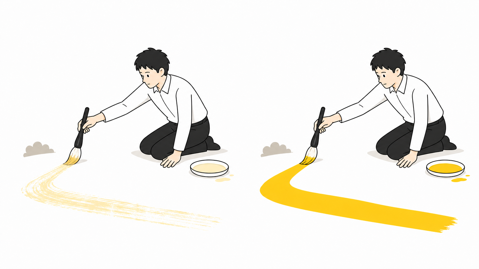 水っぽくかすれた線を描く筆と、濃くはっきりした線を描く筆の比較イラスト