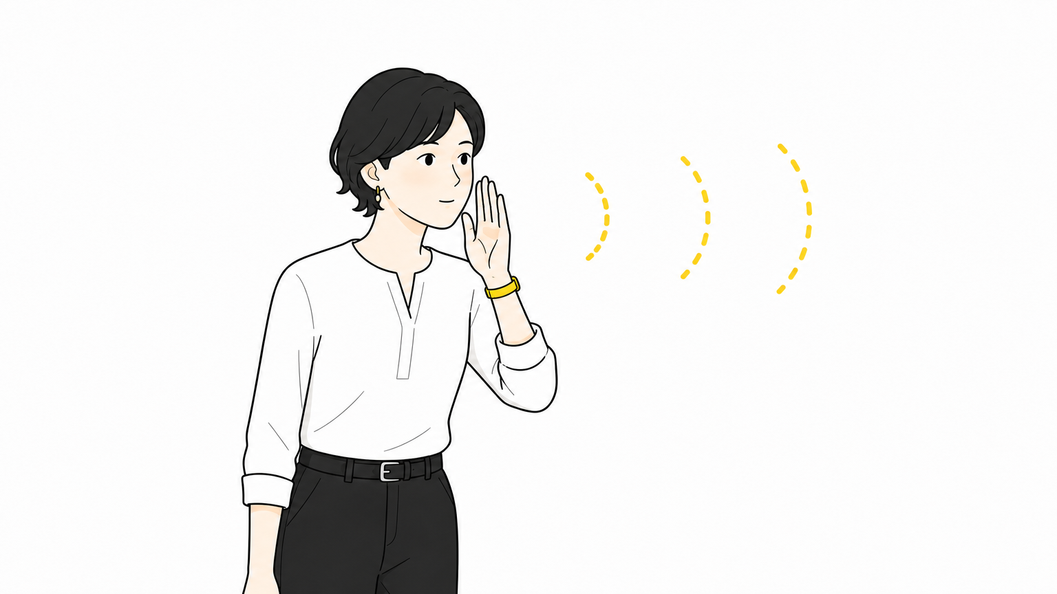 口の前に手を軽く当てて、短く区切った音の波を出す発声練習をする人のイラスト