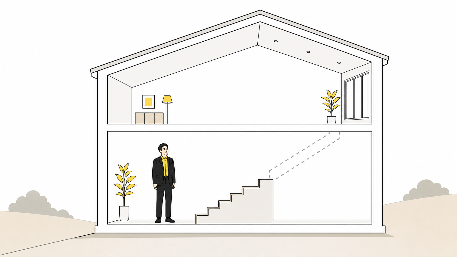 2階建ての家の断面図で、1階と2階をつなぐ階段が途中で途切れているイラスト