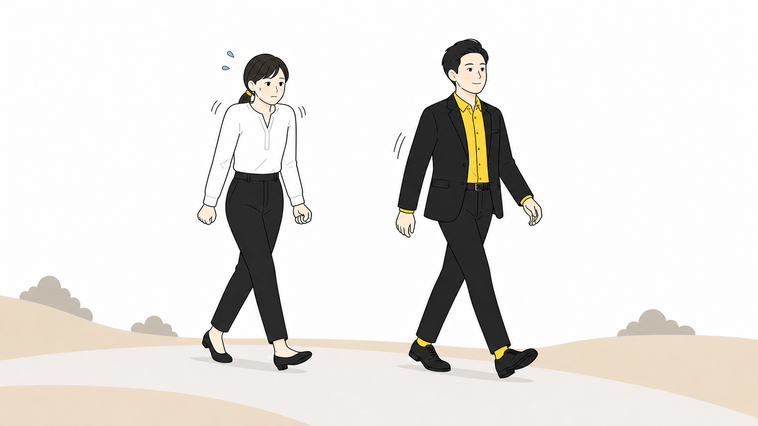 肩に力が入って汗をかいて歩く人と、同じ速さでも肩が下りて軽やかに歩く人の比較イラスト