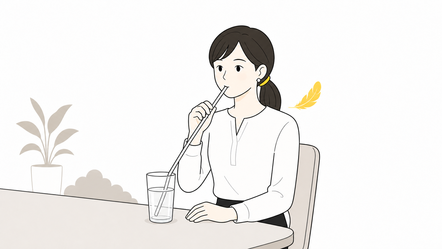 ストローをくわえて発声練習をする人と、喉の負担の軽さを表す羽のマークのイラスト