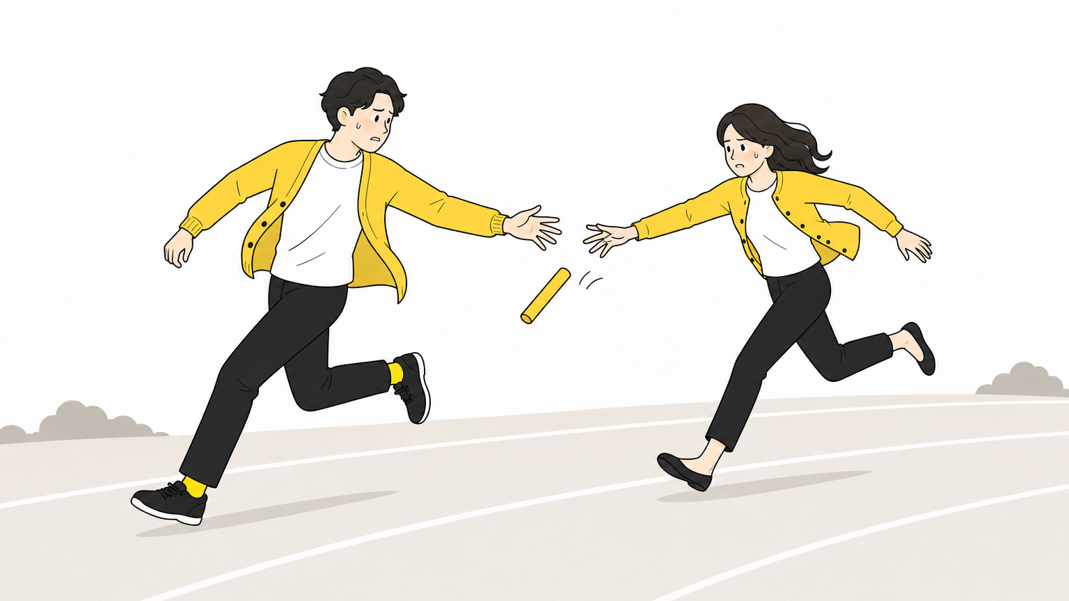 リレーのバトンタッチで、体格の違う2人のランナーがバトンを落としそうになる瞬間のイラスト