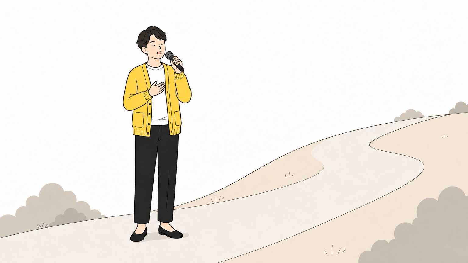 小さめの声でリラックスして歌う練習をする人と、なだらかに上へ続く坂道のイラスト
