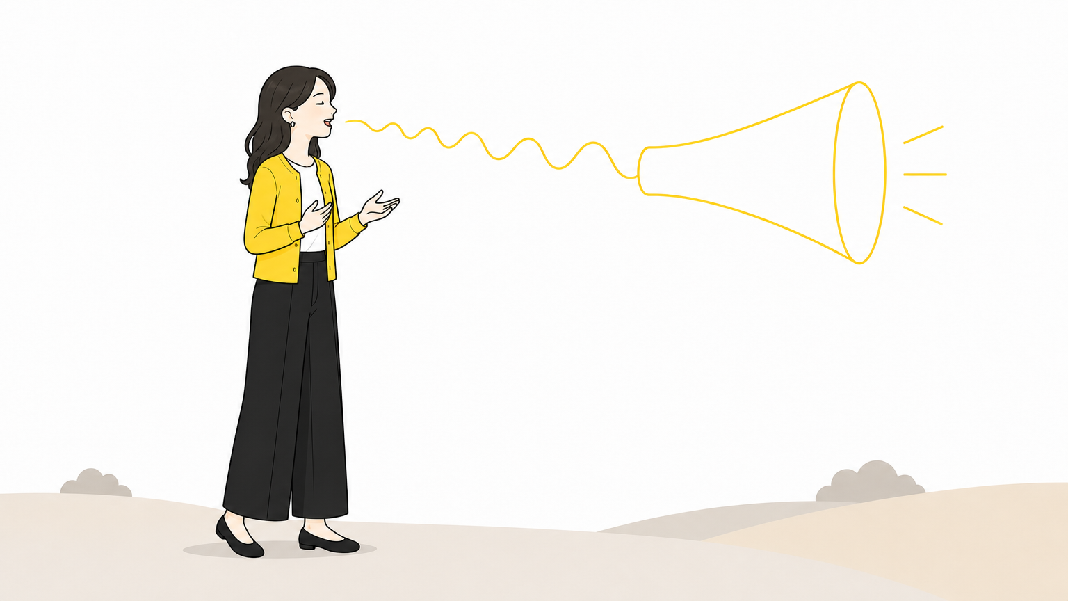 歌う人の声がメガホンの形にまとまって前方へまっすぐ届くイメージのイラスト